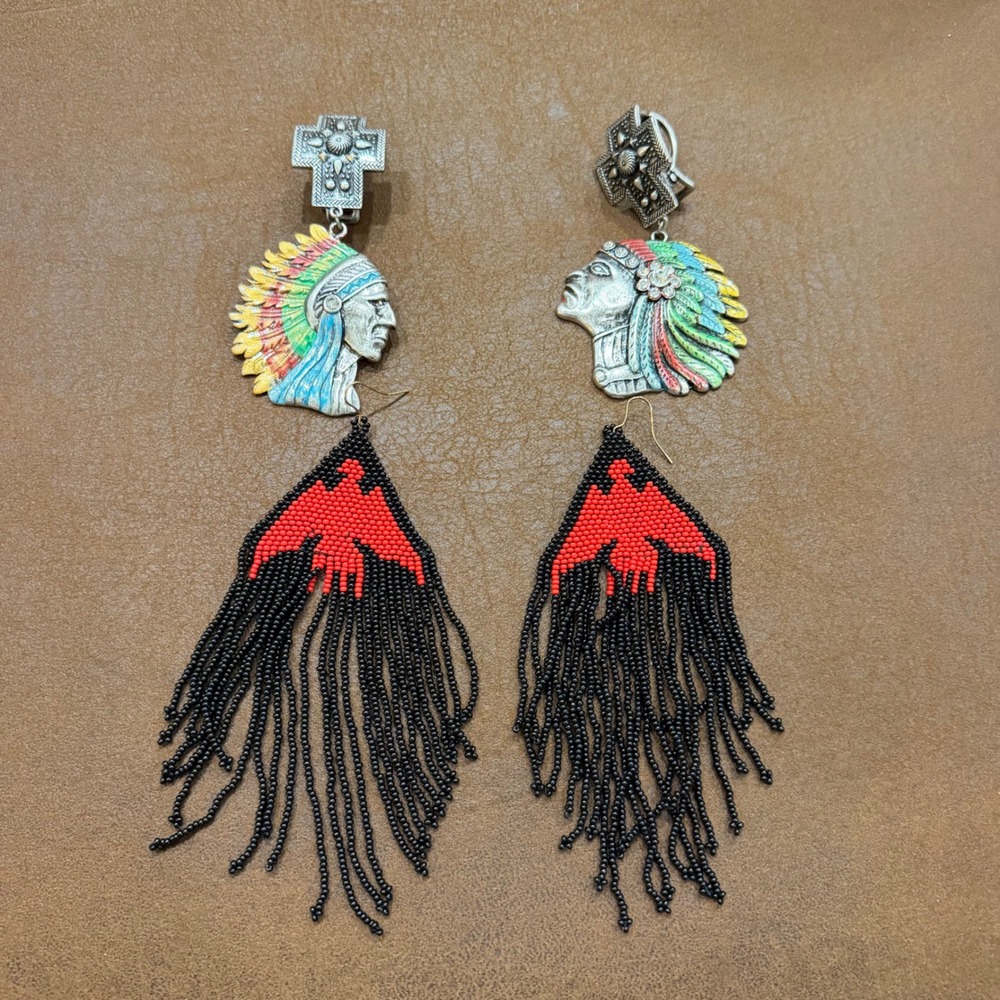 Vintage Native American Style Jewelry Scarf Clips & Thunderbird Beaded Earrings